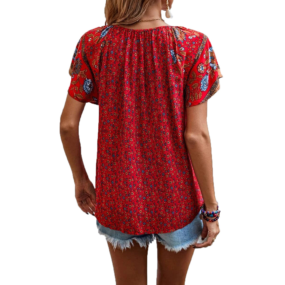 Women's Boho Tops Floral V Neck Short Sleeve Summer Blouse Shirts