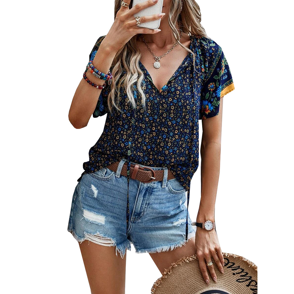 Women's Boho Tops Floral V Neck Short Sleeve Summer Blouse Shirts