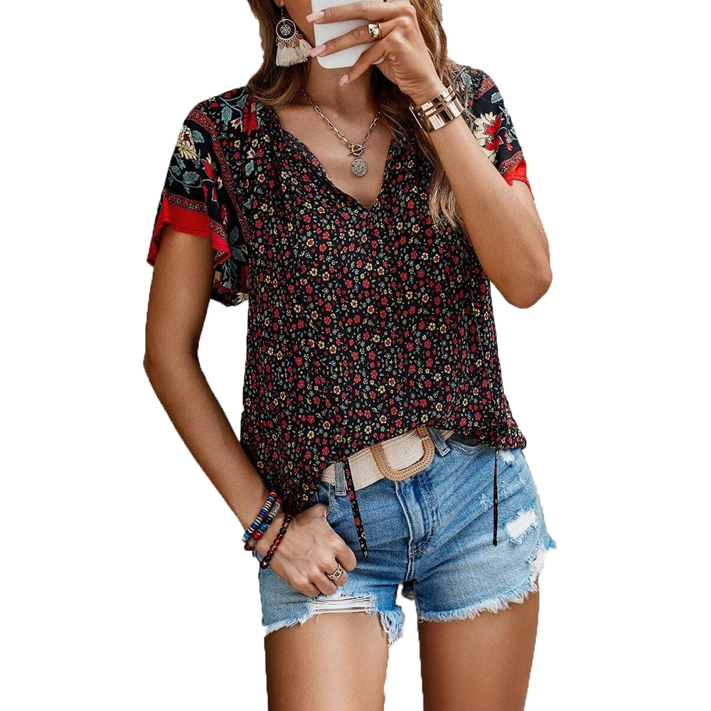 Women's Boho Tops Floral V Neck Short Sleeve Summer Blouse Shirts