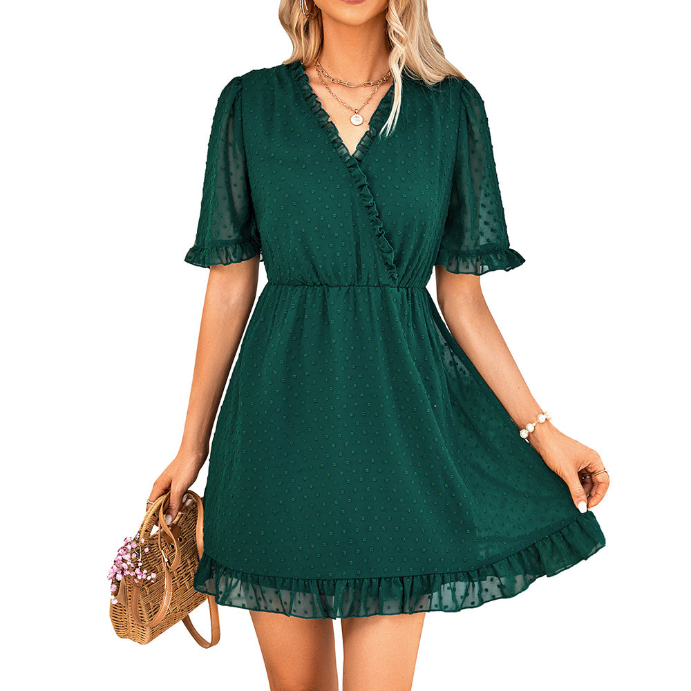 Women's V Neck Short Sleeve Loose Summer Flowy Mini Dress