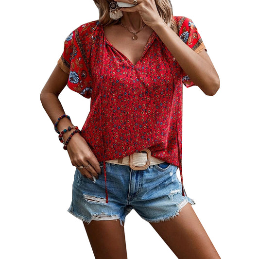 Women's Boho Tops Floral V Neck Short Sleeve Summer Blouse Shirts